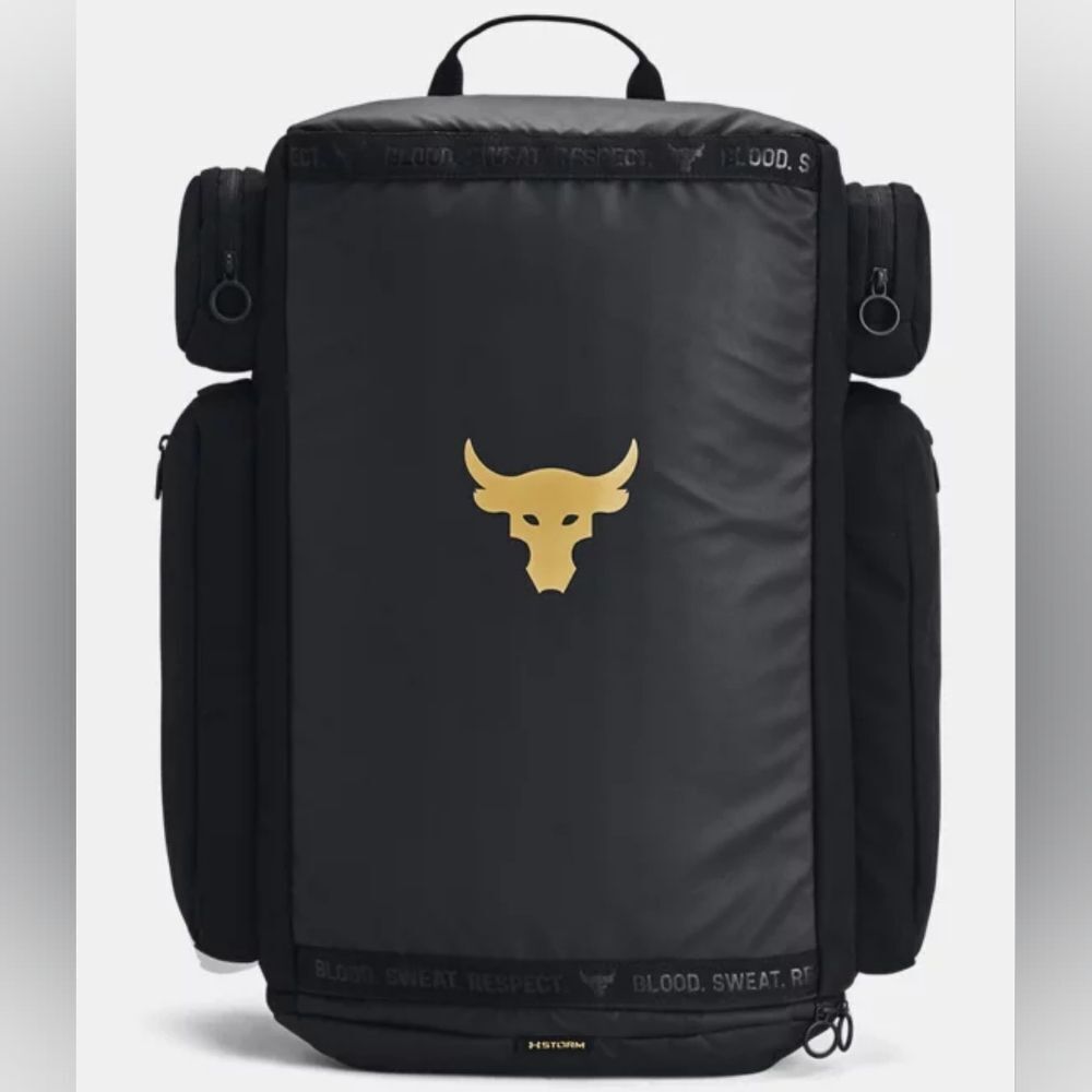 UA Under Armour Project Rock Duffle Backpack Bag Black Gold Gym New 1376459-002